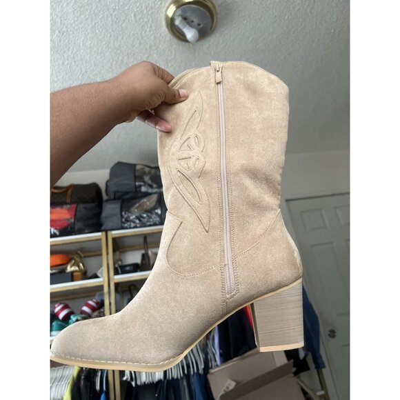 🆕Women 1828-apricot Suede leather Embroidered Country Heel Pointed Toe Booties - Picture 2 of 8